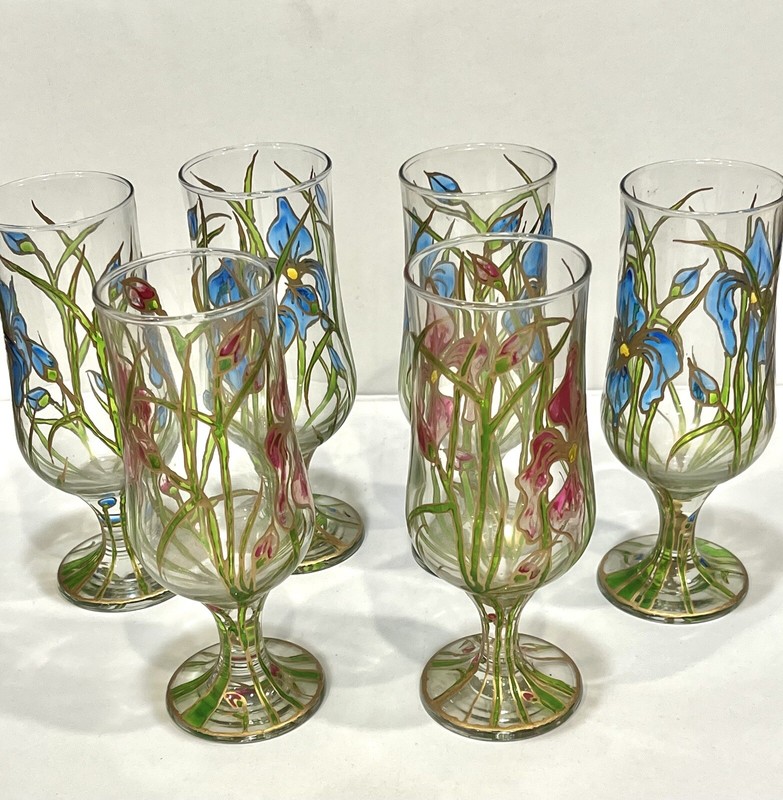ANTIQUE SET OF SIX ART NOVUEVO HAND PAINTED GLASSES 