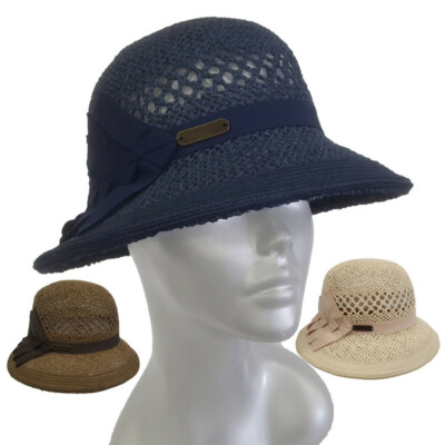 women's casual cloche bucket fedora hat straw braid in Brown, Navy or  Natural