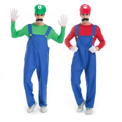 Mens Super Mario and Luigi Bros Fancy Dress Halloween Costume Plumber Overalls