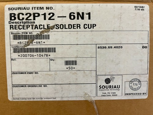 BC2P12-6N1, SOURIAU, RECEPTACLE, SOLDER CUP, PANEL MOUNT, 6 PIN - Picture 2 of 6