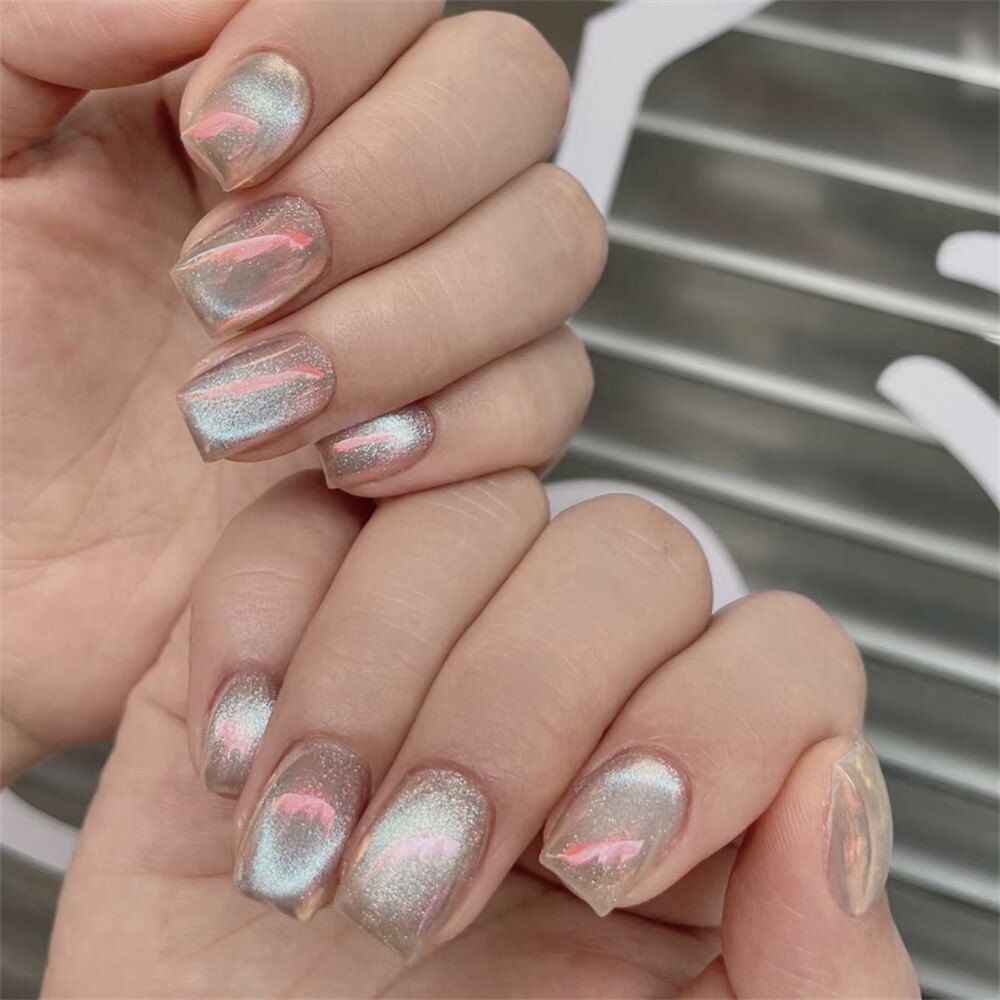 Aurora Shiny Cat's Eye False Nail Short Square Press on Nails for Nail Art 24pcs