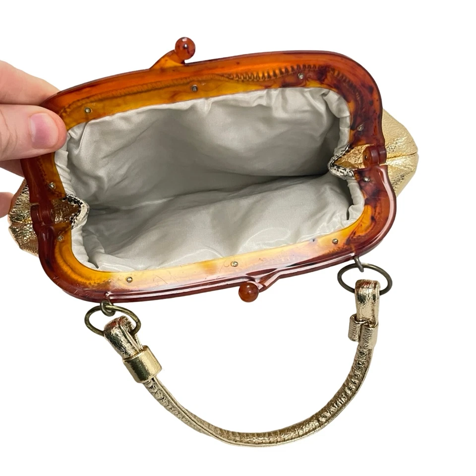 Винтажный текстурированный золотой сумочки 1960-х маленький верхняя ручка нарядная сумка металлический Дамская сумка - Изображение 4 из 4