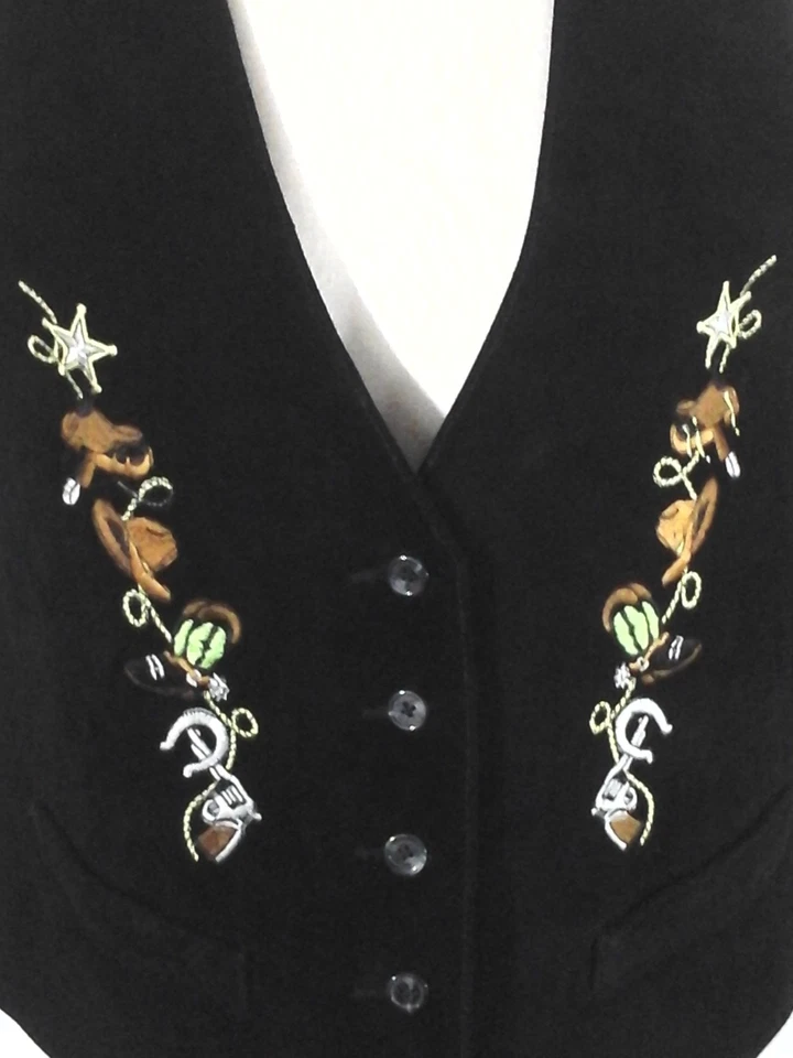 SCULLY Suede Vest Western Embroidered Black w Stars/Guns/Boots Women's 10 RARE - Image 3 of 4