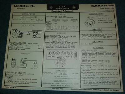 1956 RAMBLER MODEL 5610 6CYL A.E.A TUNE-UP CHART / USEFUL VINTAGE ITEM!