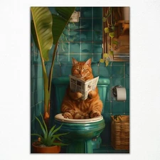 Funny Bathroom Cat Canvas Wall Art, Cute Cat Reading Newspaper on Toilet Post...