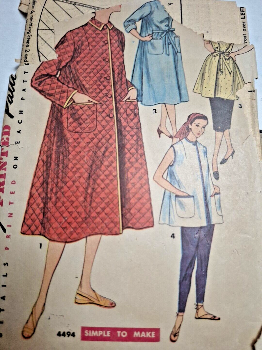 Housecoat Smock Beach Coat 12 Simplicity 4494 Sewing Pattern Cut VTG 50s  Robe