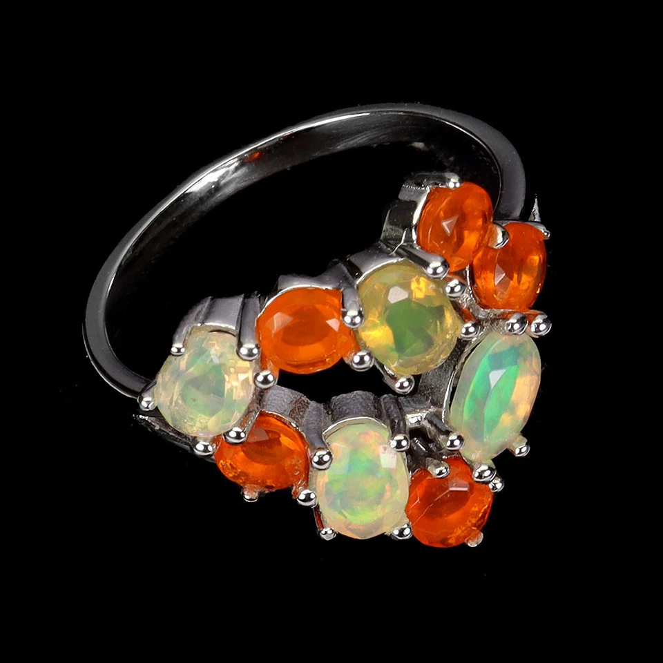 Anillo de plata de ley 925 ovalado ópalo de fuego 6x4 mm ópalo naranja piedras preciosas tamaño de joyería Foto 3 de 4
