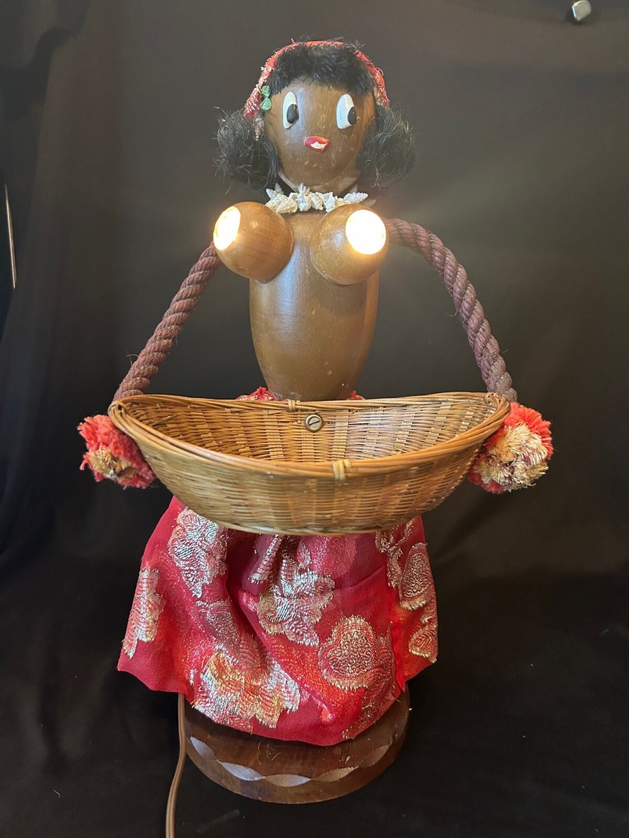 Vtg Tiki Bar Hula Girl Hawaiian Lamp Fruit Bowl Basket Light