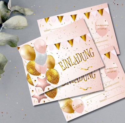 Geburtstag Einladungskarten Gold & Rosa Ballons  inkl. Umschlägen 6-10 Stk.