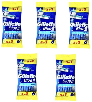 30 GILLETTE Blue II Plus Razor Easy Grip Lubrastrip 5 packs of 6 Razors