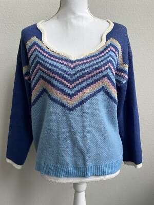 Miss look Vintage V Neck Sweater Chevon Blue Pullover Soft Women s Sz Large L