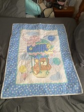 Teddy Bear Baby Blanket Crib Bunny Duck Hot Air Balloon Blue Rose Vtg