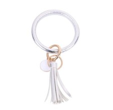 Oversized Silver Tassel Wristlet Keychain Womens Leather Bracelet Key Ring