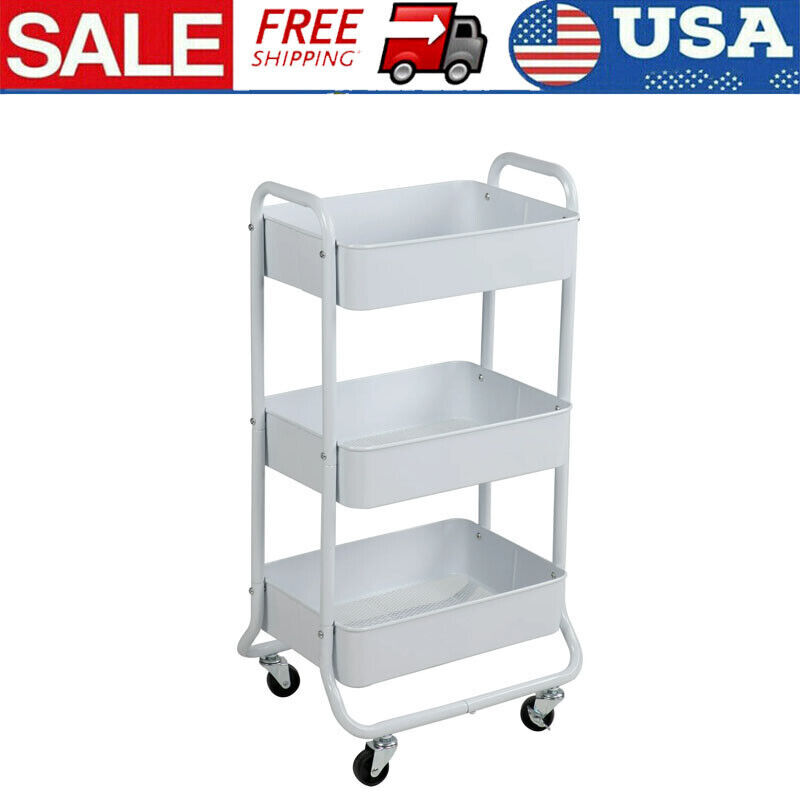 3 Tier Metal Utility Cart Laundry Basket Easy Rolling Storage Organizer Bathroom