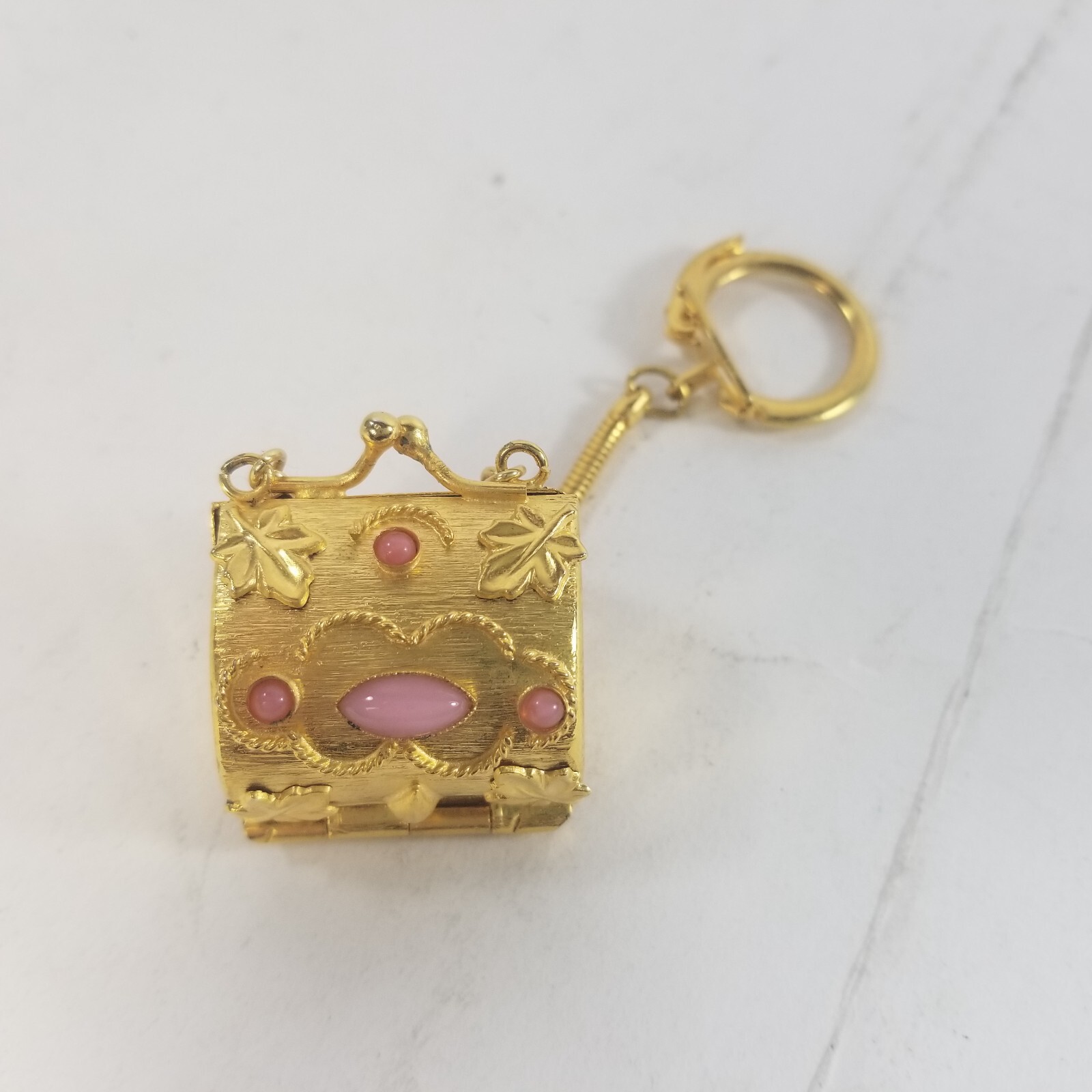 Vintage Gold Tone Metal Coin Purse Pill Box Keychain