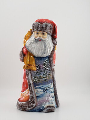 Hand Carved Wooden Santa Claus With Painted Creek Scene Figurine Ukrainian