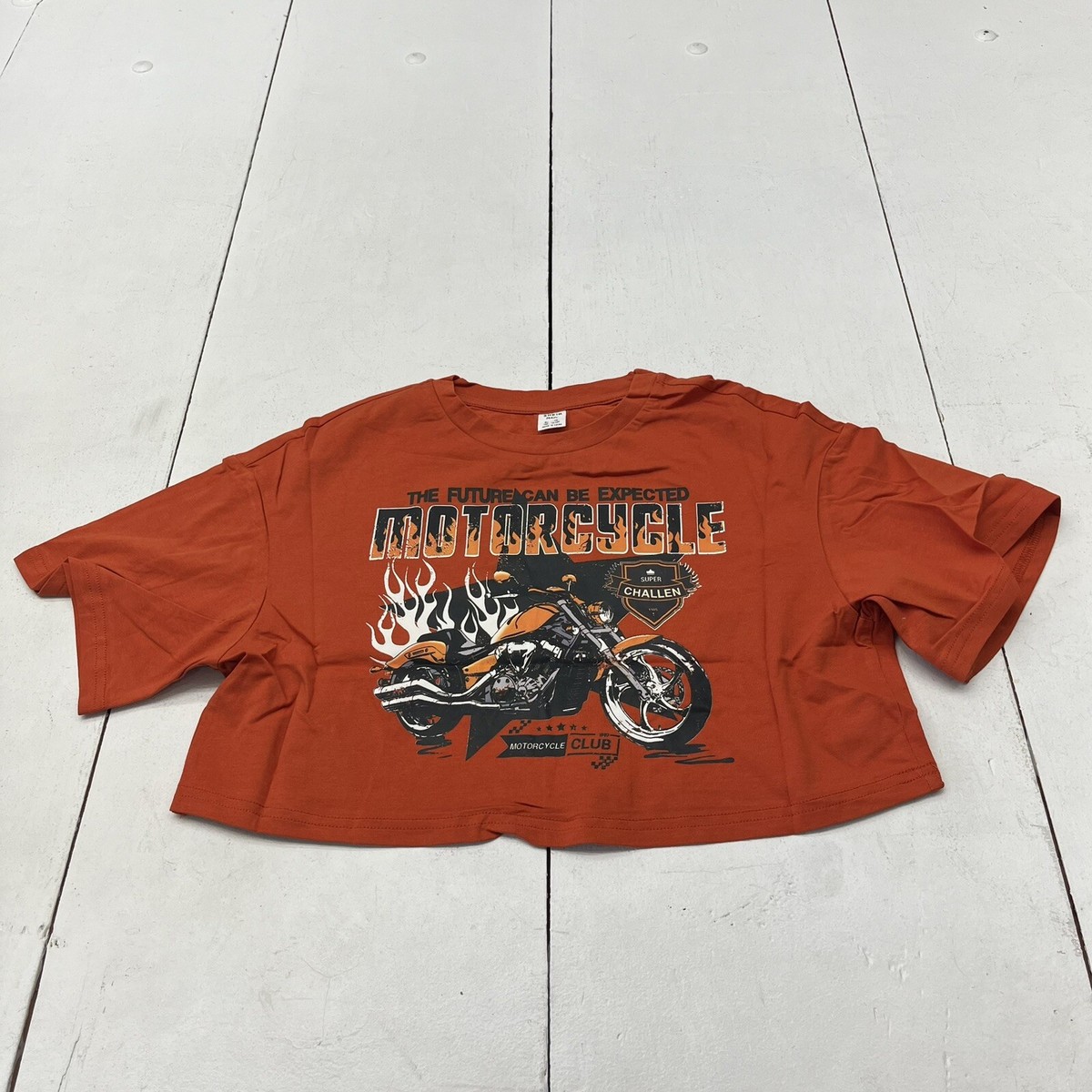 Shein Orange Motorcycle Print Cropped Short Sleeve T-Shirt