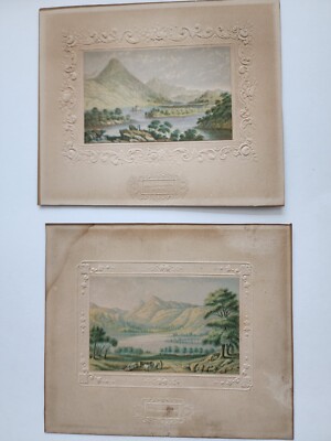 2 antique prints, Ballinahinch Lake, Head of Windemere, embossed, 6'' x 5''