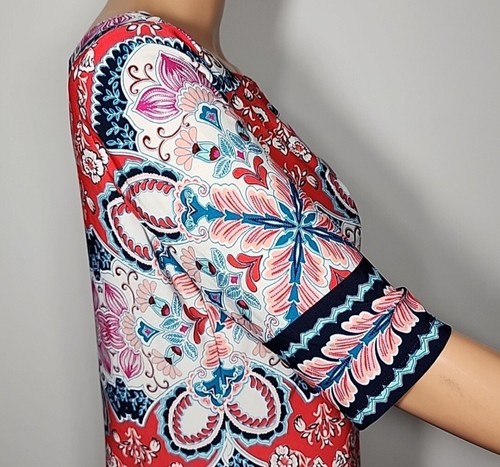 ELIZA J RED BLUE LINED SHORT SLEEVE SHIFT DRESS BACK ZIPPER SIZE 8 MEDIUM - Picture 6 of 9