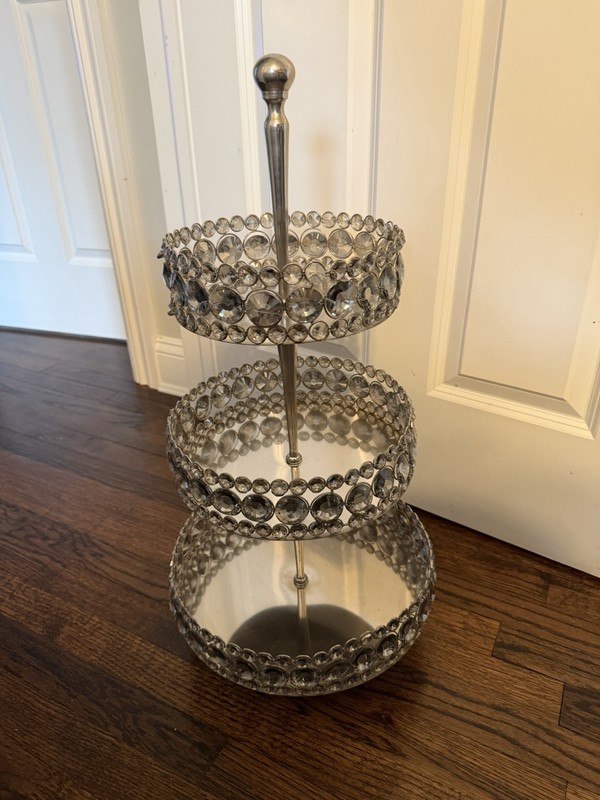 Crystal Bead Three Tier Serving Tray Silver Tone