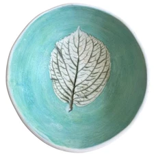 Signed Magie Art Glazed Pottery Bowl Trinket Dish Teal & Cream W/Leaf Imprinted
