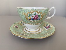 Vintage Queen Anne Gainsborough Fine Bone China Green Floral Teacup and Saucer