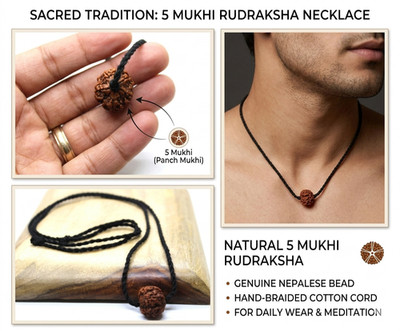 Natürlicher 5 Mukhi Rudraksha Anhänger mit schwarzem Faden verstellbar Halskette Herren Damen