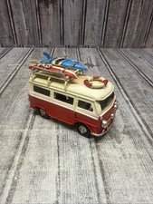 Vintage Tin Toy VW Bus With Surfboards On Roof And Camper