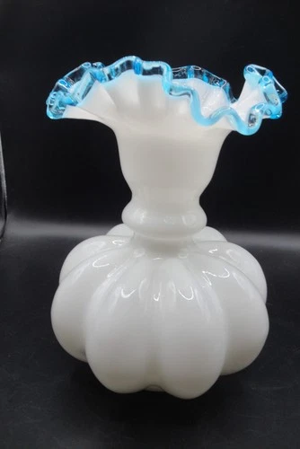 Vintage c. 1940's Fenton Aqua Crest Tall Melon Vase with Laced/Crimped Edge
