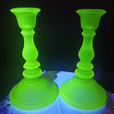Tiffin U.S. Glass Satin Canary Vaseline Candlesticks 7" Uranium Glass Art Deco