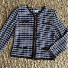 St John Collection blue and brown tweed zip jacket sweater size 12