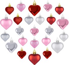 24pcs Valentines Day Heart Ornaments Classic Red Pink Silver Shaped Hanging