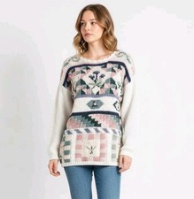 Vintage Sweater Medium Chunky Hand Knit Colorful Granny Floral Cottagecore Boho