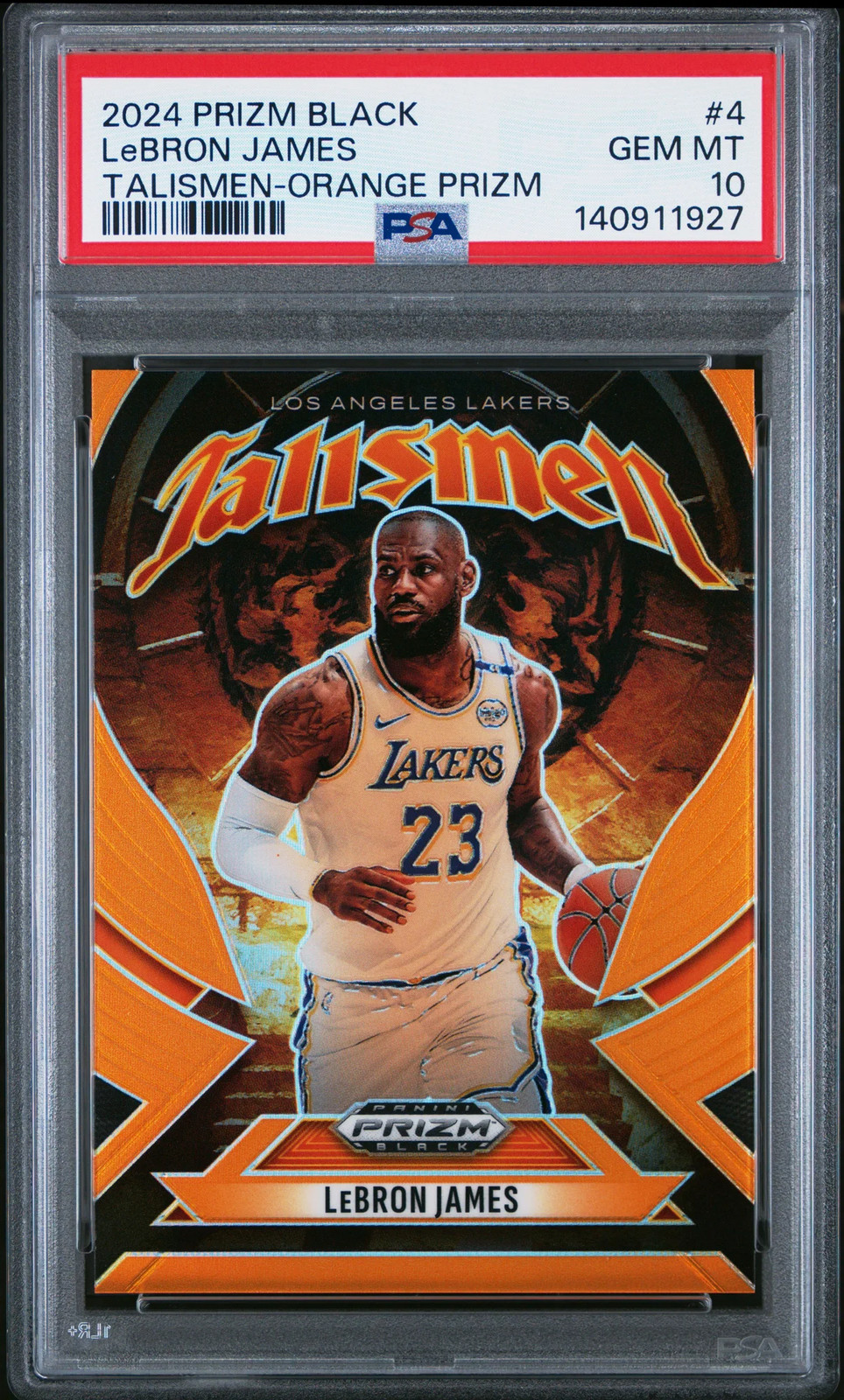 2024 Panini Prizm Black Talismen LeBron James #4 Orange SP #/49 PSA 10