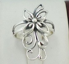 PRETTY STERLING SILVER LONG DETAILED FLOWER RING size 6 style r1515