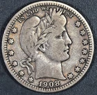 1908 25C BARBER SILVER QUARTER KM# 114 Grade:  F+ A6614