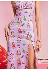 Purple Strawberry Shortcake Spaghetti Strap Long Dress With Slit