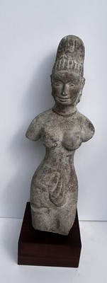 Vintage Khmer Apsara Female Deity Statue 22  Plaster Sculpture Wood Base