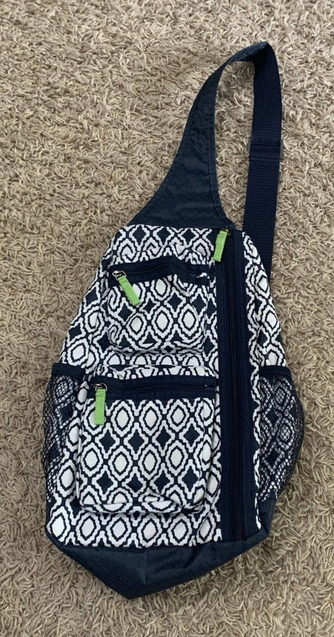 Navy Blue & White Patterned Polyester Thirty-One Sling Bag/Crossbody Bag
