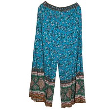Umgee Palazzo Wide Leg Pants Women s L Boho Festival Cottage Floral Turquoise