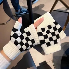 New Couple Black and White Checkered Half Finger Gloves Women Knitted Winter Stu