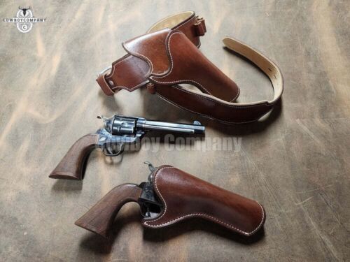 Western Leather Holster Gun Belt 44 / 45 Brown Hand Made Cowboy Revolver Pistol - Picture 3 of 14