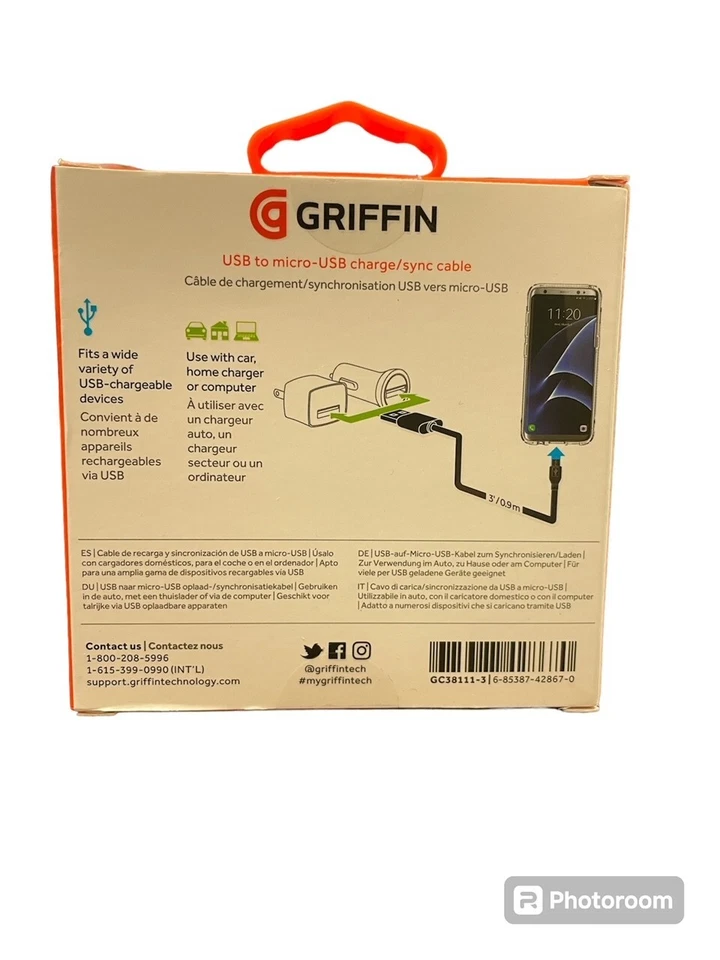 Griffin Charge/Sync Cable USB to Micro-USB Connector, 3', Universal, Black - NEW - Image 2 of 4