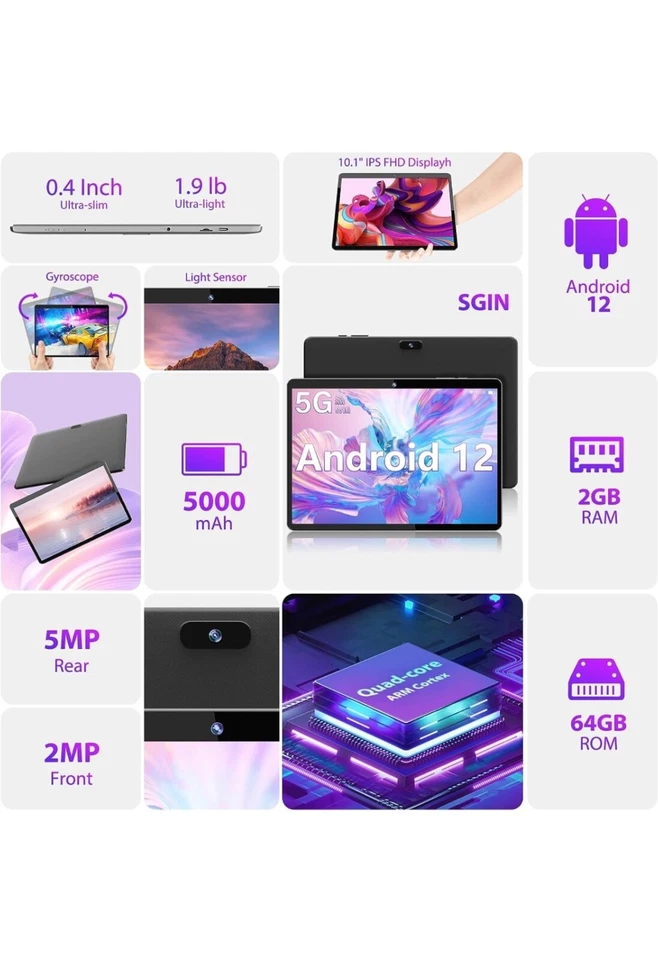 SGIN Android 12 Tablette, Tablette Tactile 10,1 Pouces 64Go+2Go(TF 512Go) - Photo 4/4