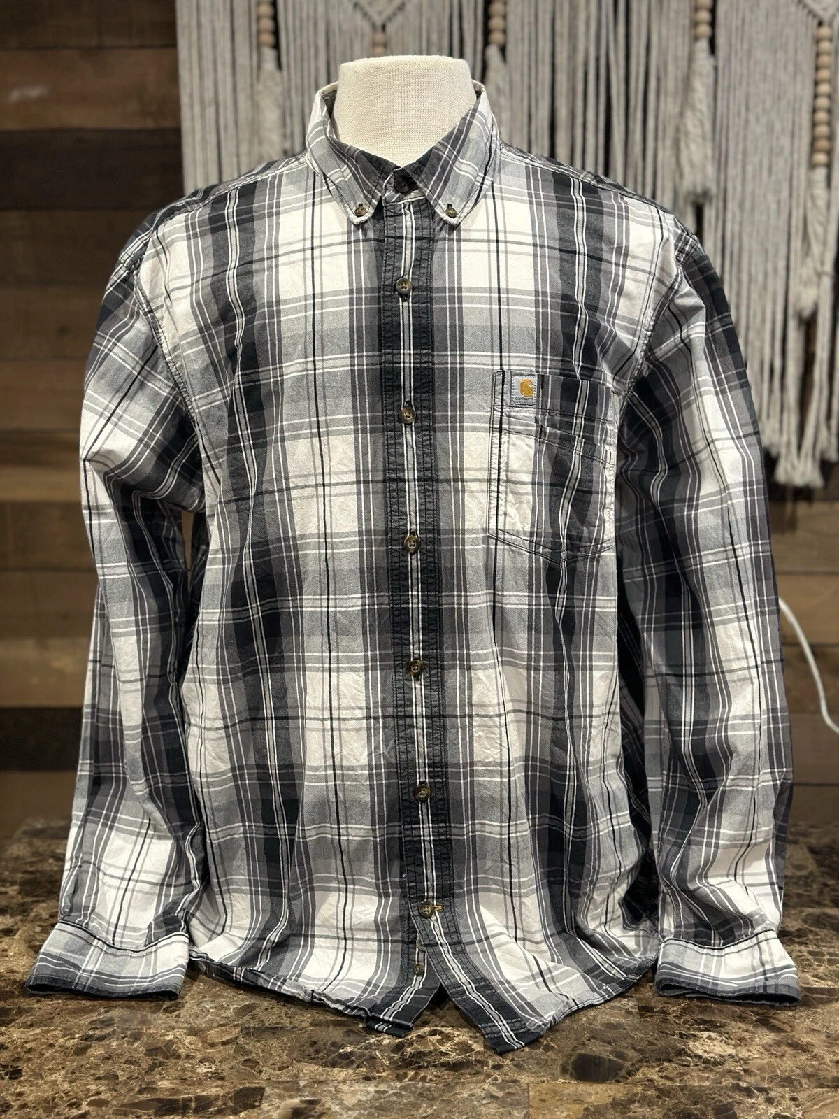 CARHARTT Relaxed Fit Black & White Plaid Long Sleeve Button Up Shirt Men’s X-LG