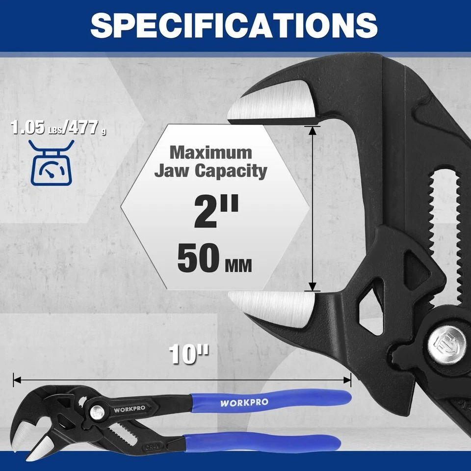 WORKPRO 10" Plier Wrench Adjustable Parallel Smooth Jaw Pliers CR-V Construction - Image 2 of 4