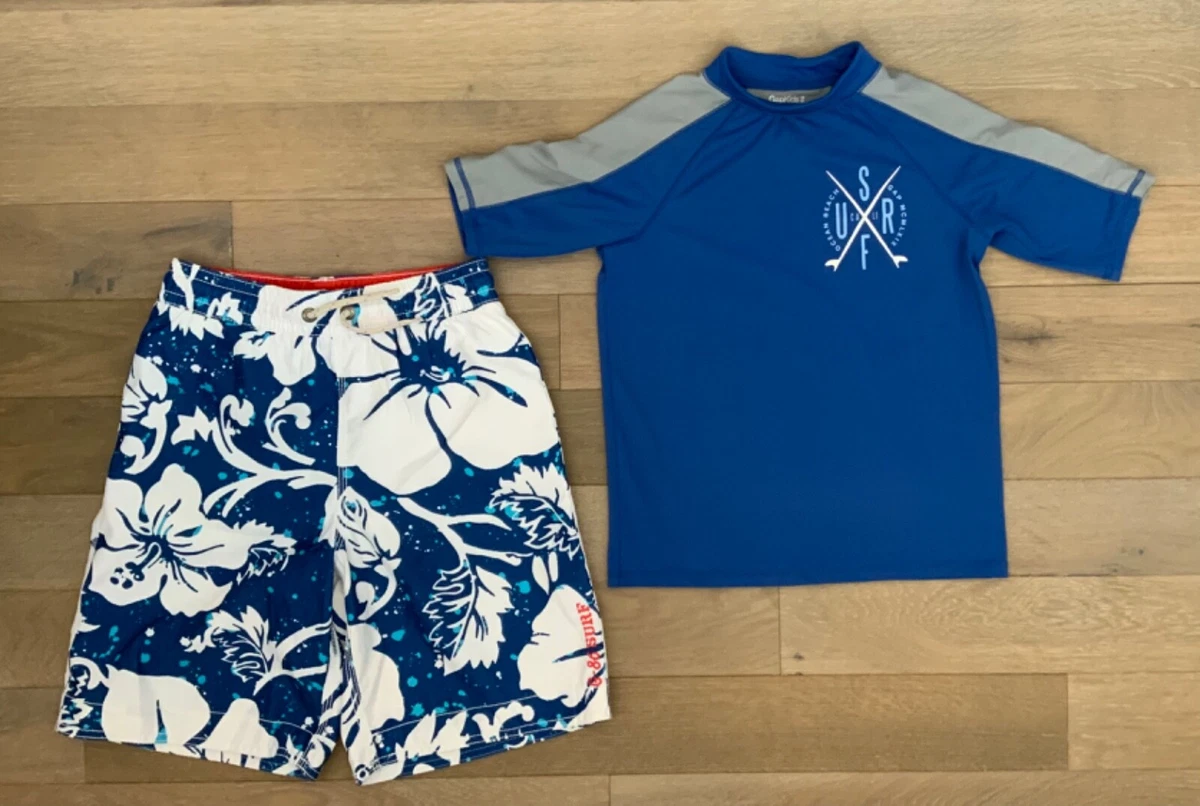 EUC Lot of 2 Boys GAP Blue Swim Trunk Shorts Rash Guard Shirt