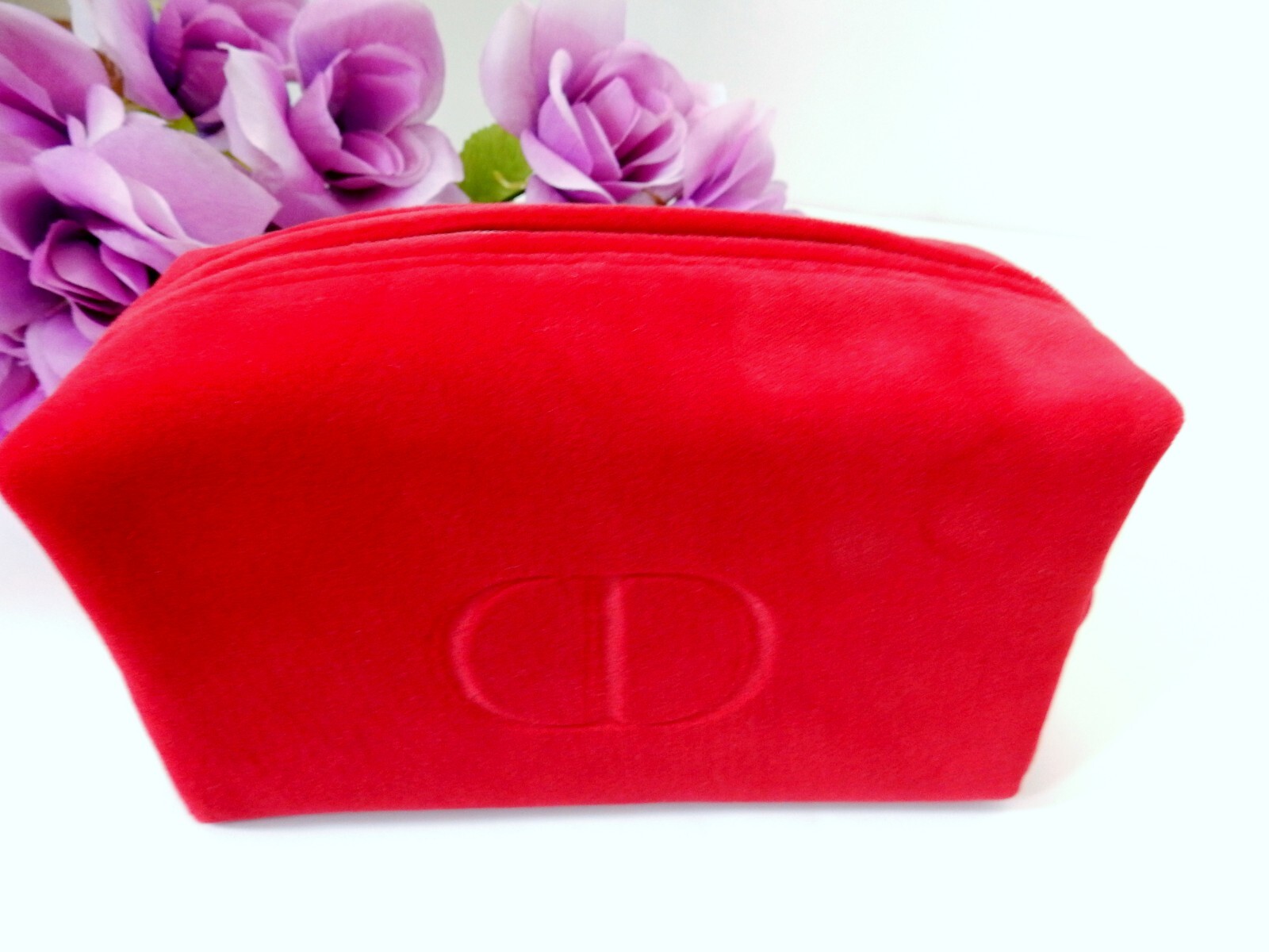 DIOR Velvet Clutch Pouch Bag in Red with Silver Zipper Trim-image