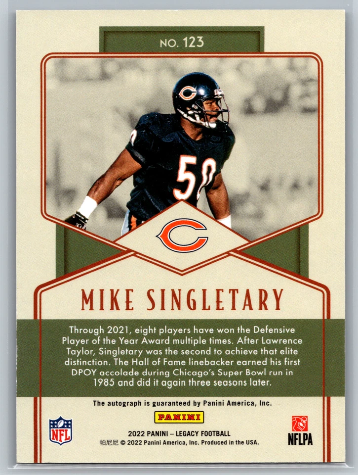 Mike Singletary 2022 Panini Legacy Legends Blue Auto 5/5 #123 Chicago Bears HOF - Image 2 of 4