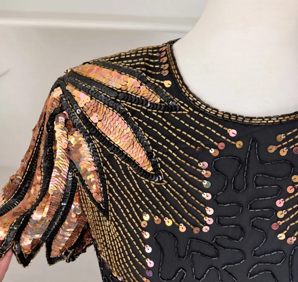 Stenay Vintage Beaded Silk Dress 2 Petite 80s Glam Sequins Party Flapper Gatsby - Image 3 of 4